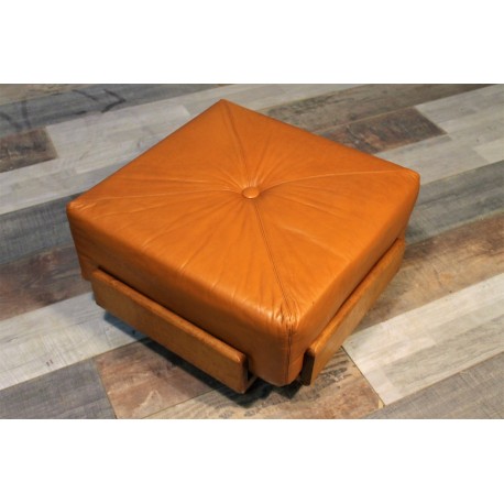 Pouf Scandinave cuir & bois années 60